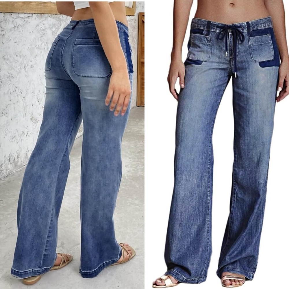 Low Rise Cargo Pants for‎ Women Flap Pocket Y2K Wide Leg Drawstring Cargo Jeans